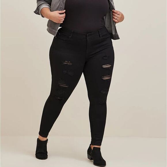torrid Denim - TORRID Jeans Black 26R BOMBSHELL SKINNY PREMIUM STRETCH HIGH-RISE DESTRUCTED